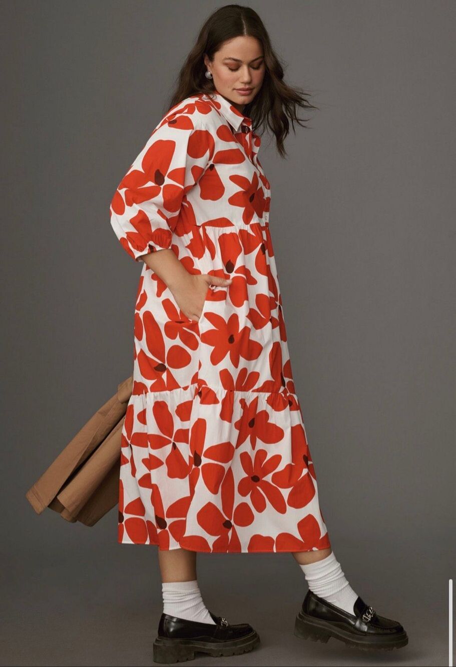 Maeve Sz XL Bettina Tiered Shirt Dress Red Motif Modern Midi Boho Resort